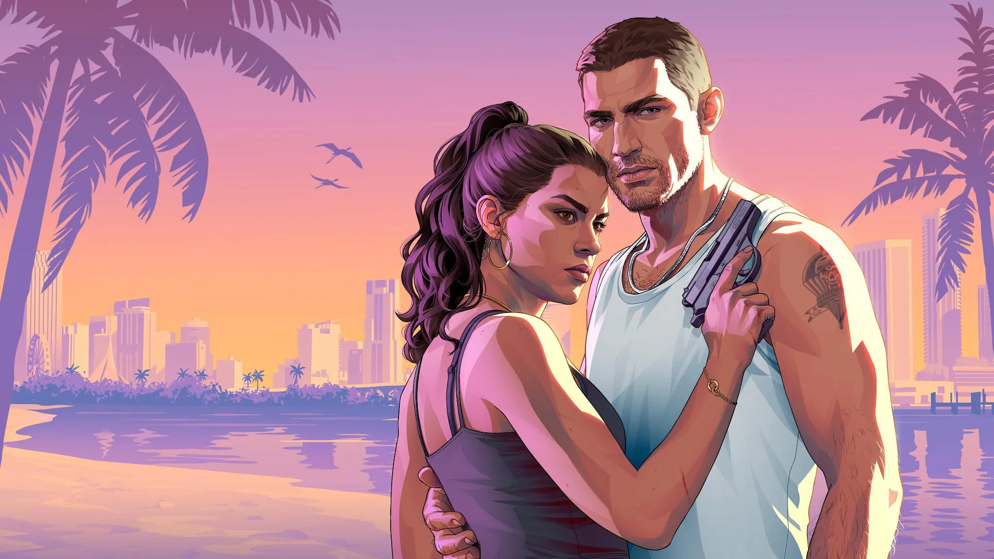 Retrato ilustrado de Jason y Lucía frente al skyline de Vice City