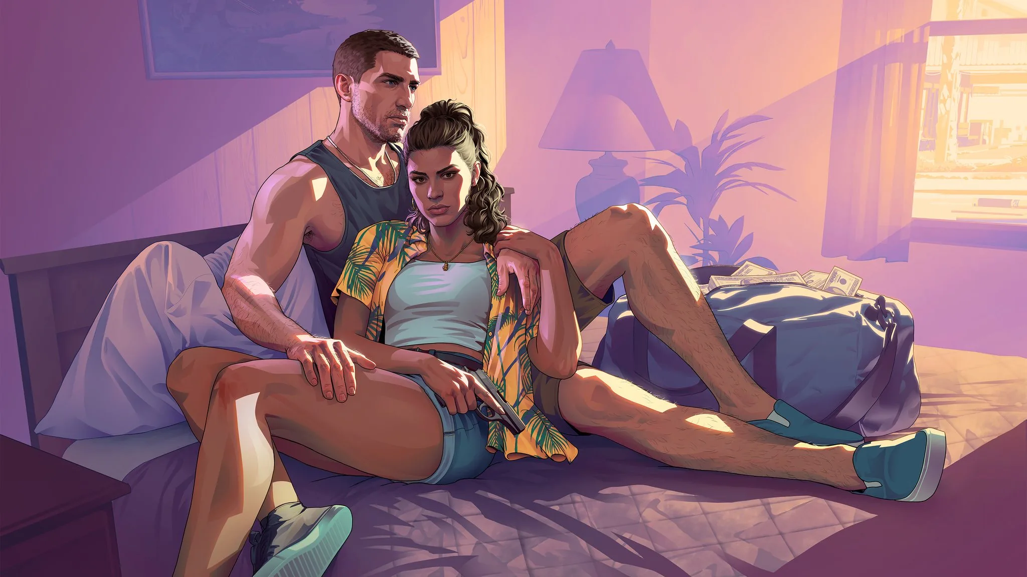 Jason y Lucía juntos en una habitación iluminada por un atardecer cálido